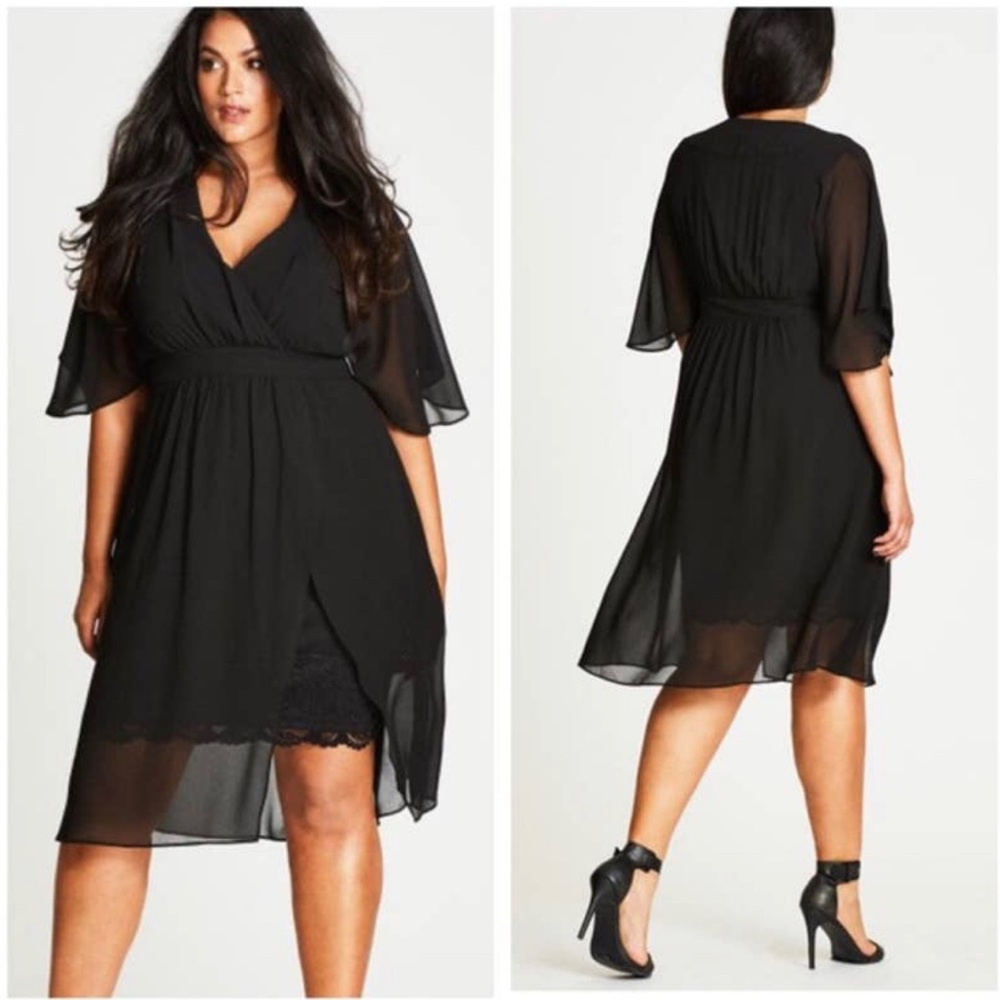 City Chic Love Affair Cocktail Dress Black Chiffon Overlay Lace Slip